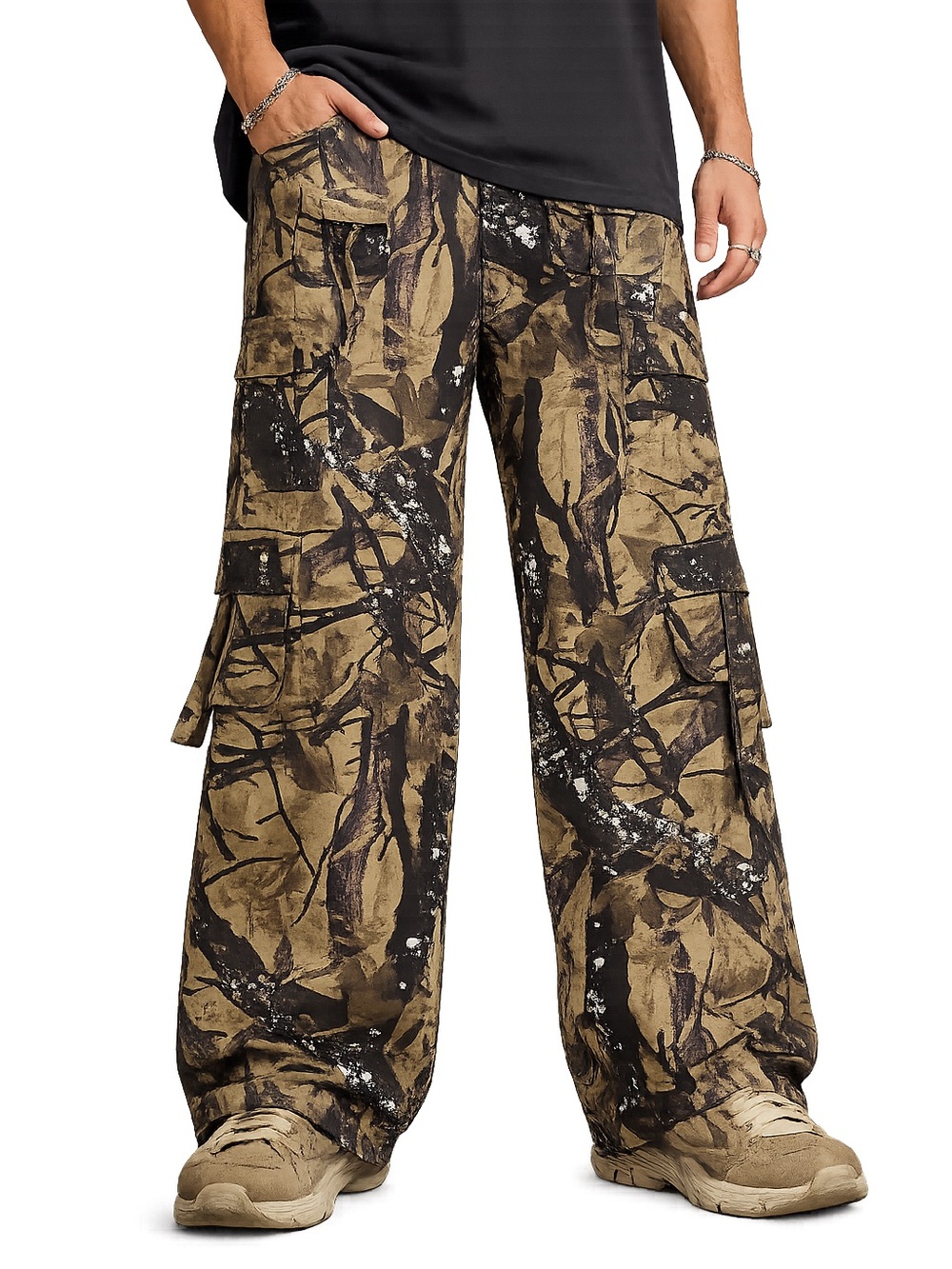 Abstract Camo Wide-Leg Cargo Pants - Brown/Black men 32/32 new